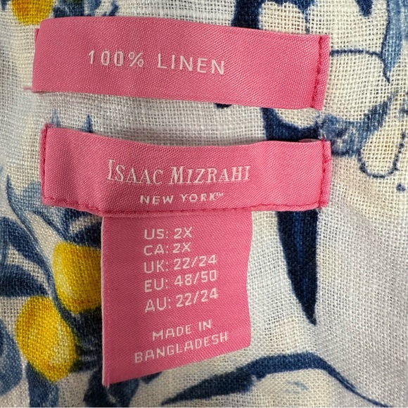 NWOT Isaac Mizrahi 100% Linen Button Up Blouse Top Flowers & Birds 3/4 Roll Tab - Picture 7 of 8